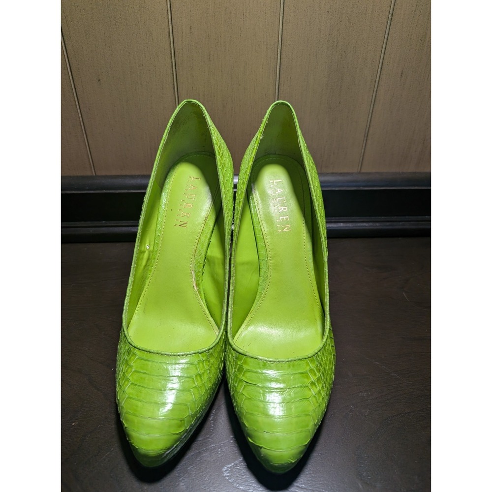S9 Ralph Lauren Womens Green Snakeskin Kailee Heels Pumps 4.5",Size 8